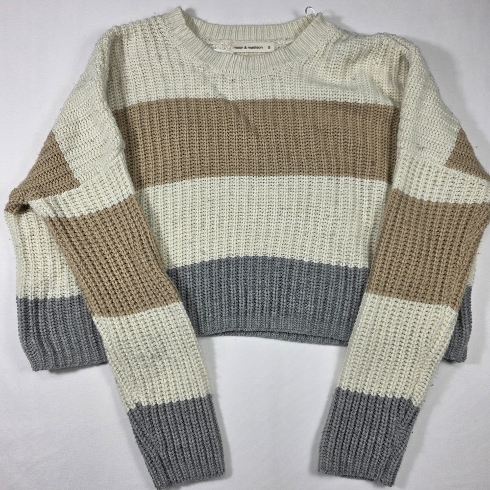 Moon & Madison Sweater Womens Small Cream Tan Grey Striped Cropped